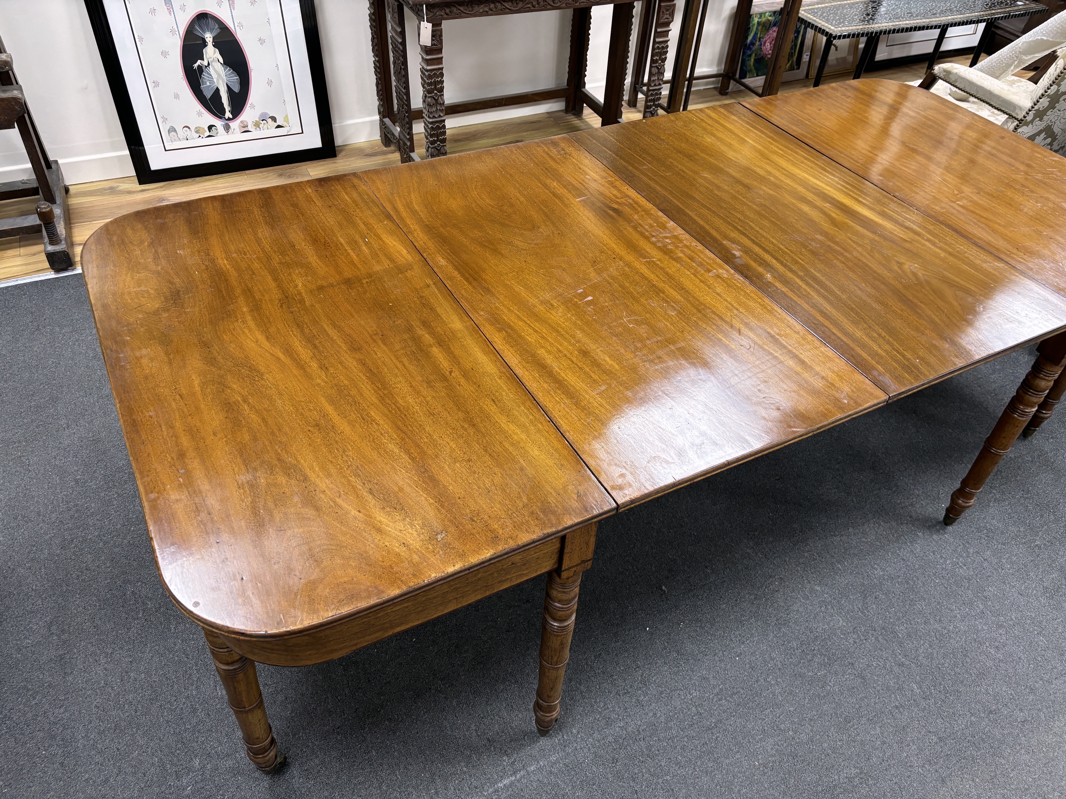 A Regency mahogany D end extending dining table, 220cm extended, depth 105cm, height 72cm